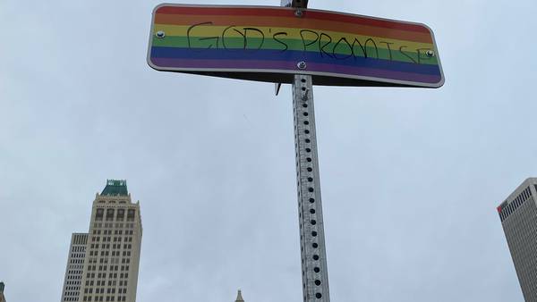 Vandals write on pride sign in downtown Tulsa, Dennis R Neill Equality Center issues statement