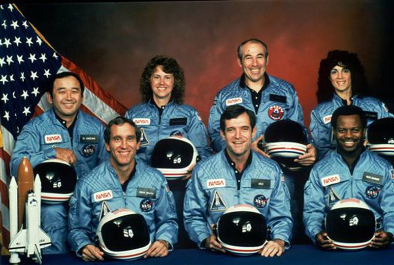 FILE - This photo provided by NASA shows the crew of the Space Shuttle Challenger mission 51L. All seven members of the crew were killed when the shuttle exploded during launch on Jan. 28, 1986. Front row from left are Michael J. Smith, Francis R. (Dick) Scobee, and Ronald E. McNair. Front row from left are Ellison Onizuka, Christa McAuliffe, Gregory Jarvis, and Judith Resnik. (NASA via AP)
