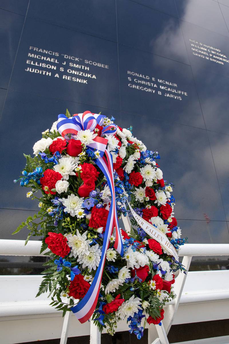 The names of the seven astronauts lost in the Challenger accident, engraved on the Space Mirror Memorial at NASA’s Kennedy Space Center Visitor Complex.