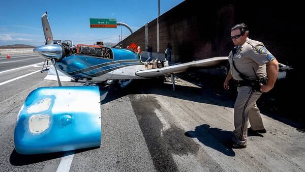 Watch: Small plane lands on California freeway, catches fire; nobody hurt